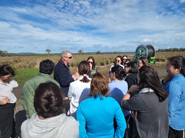 People stand in a field listening to someone speak. 